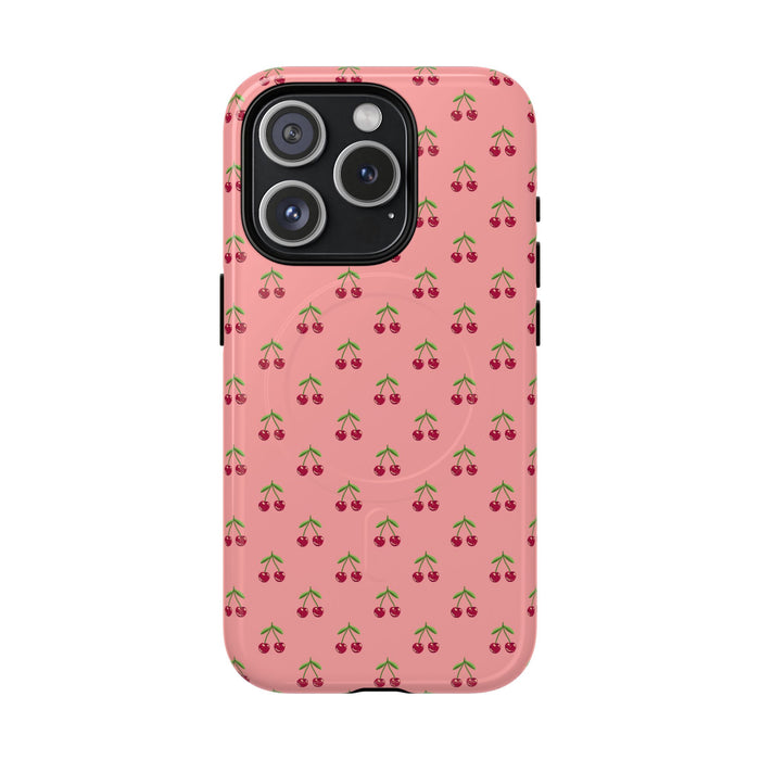 Cherry Pattern Tough Magnetic Phone Case — Pink Retro Fruit Design