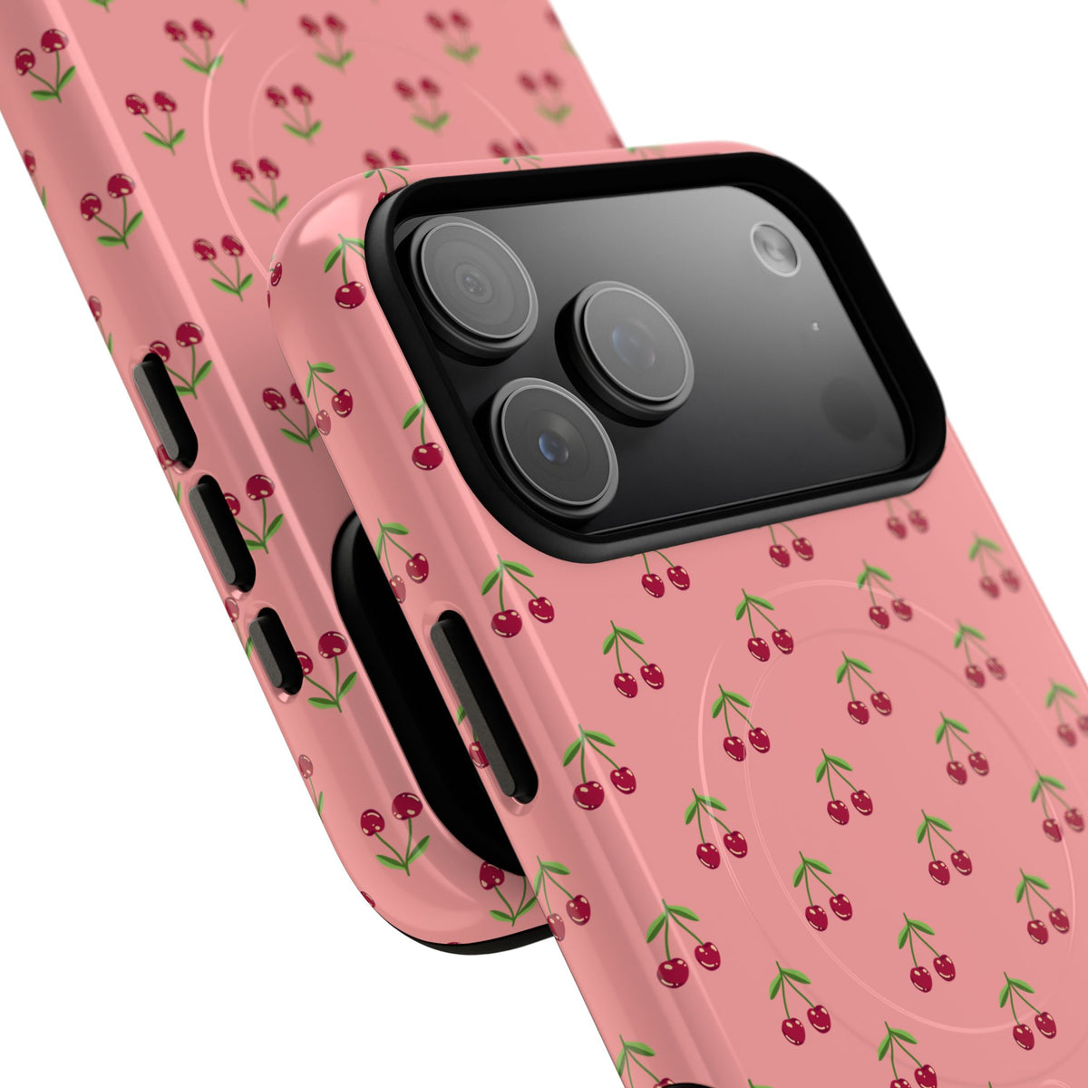 Cherry Pattern Tough Magnetic Phone Case — Pink Retro Fruit Design