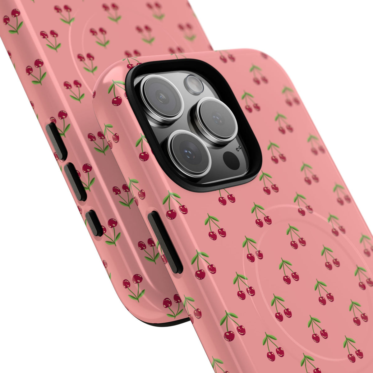 Cherry Pattern Tough Magnetic Phone Case — Pink Retro Fruit Design