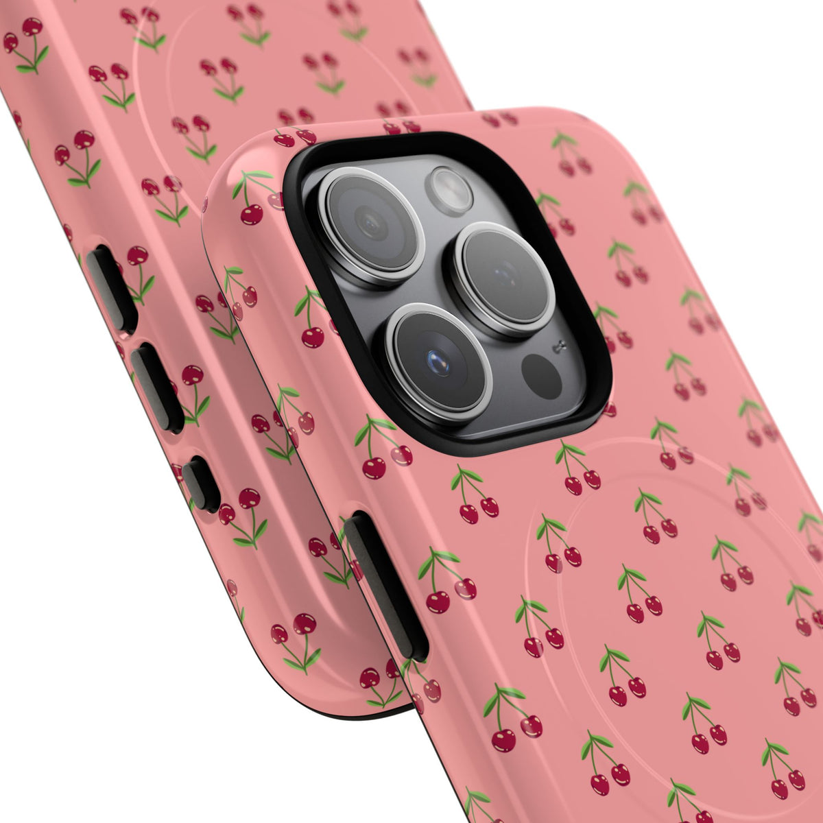 Cherry Pattern Tough Magnetic Phone Case — Pink Retro Fruit Design