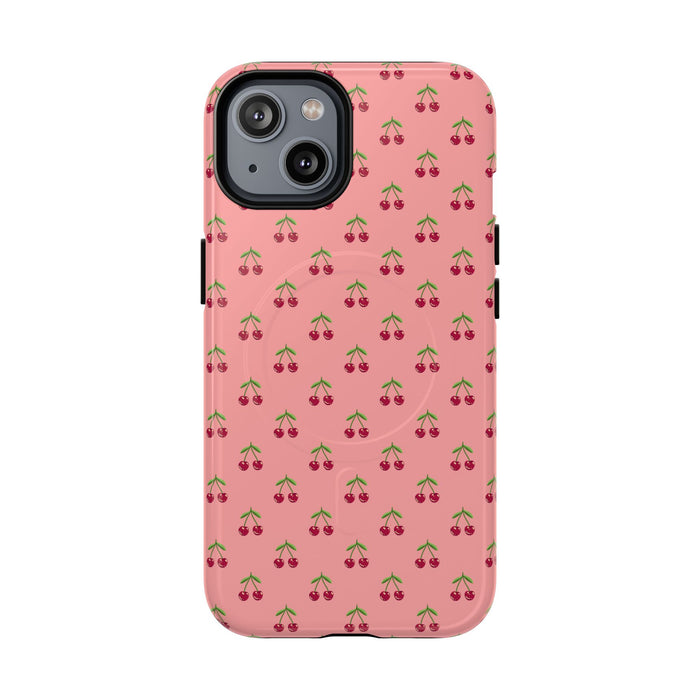 Cherry Pattern Tough Magnetic Phone Case — Pink Retro Fruit Design