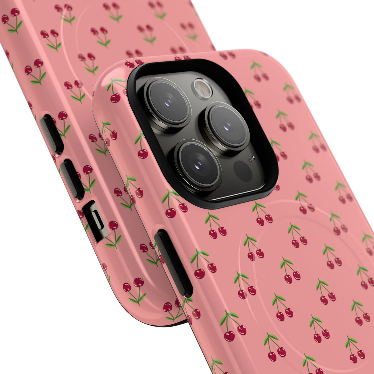 Cherry Pattern Tough Magnetic Phone Case — Pink Retro Fruit Design