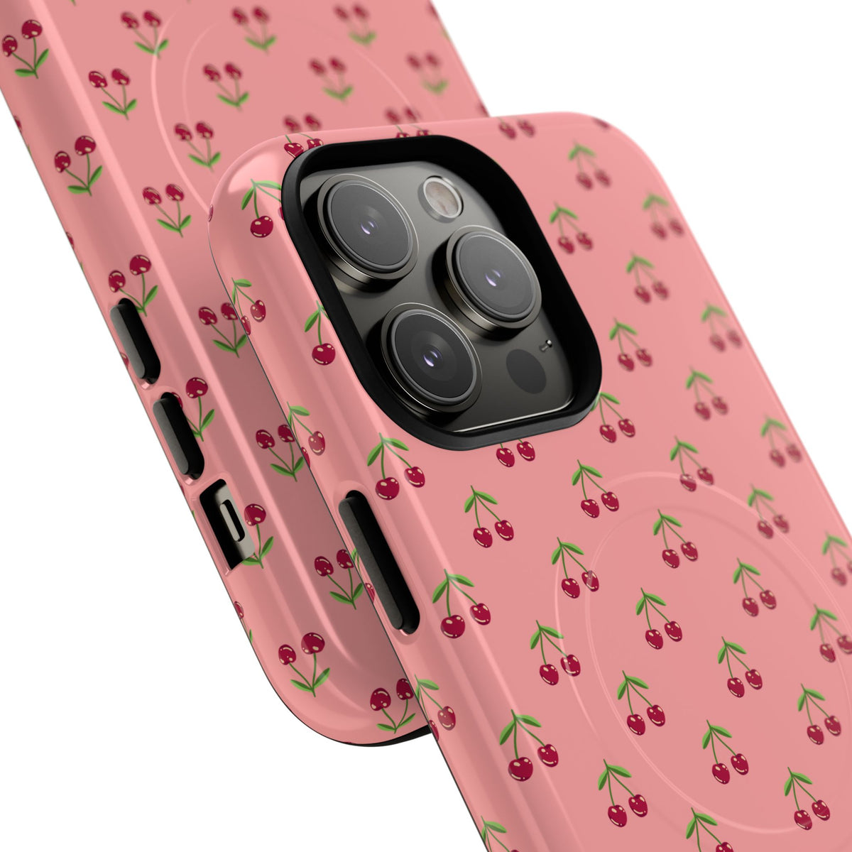 Cherry Pattern Tough Magnetic Phone Case — Pink Retro Fruit Design