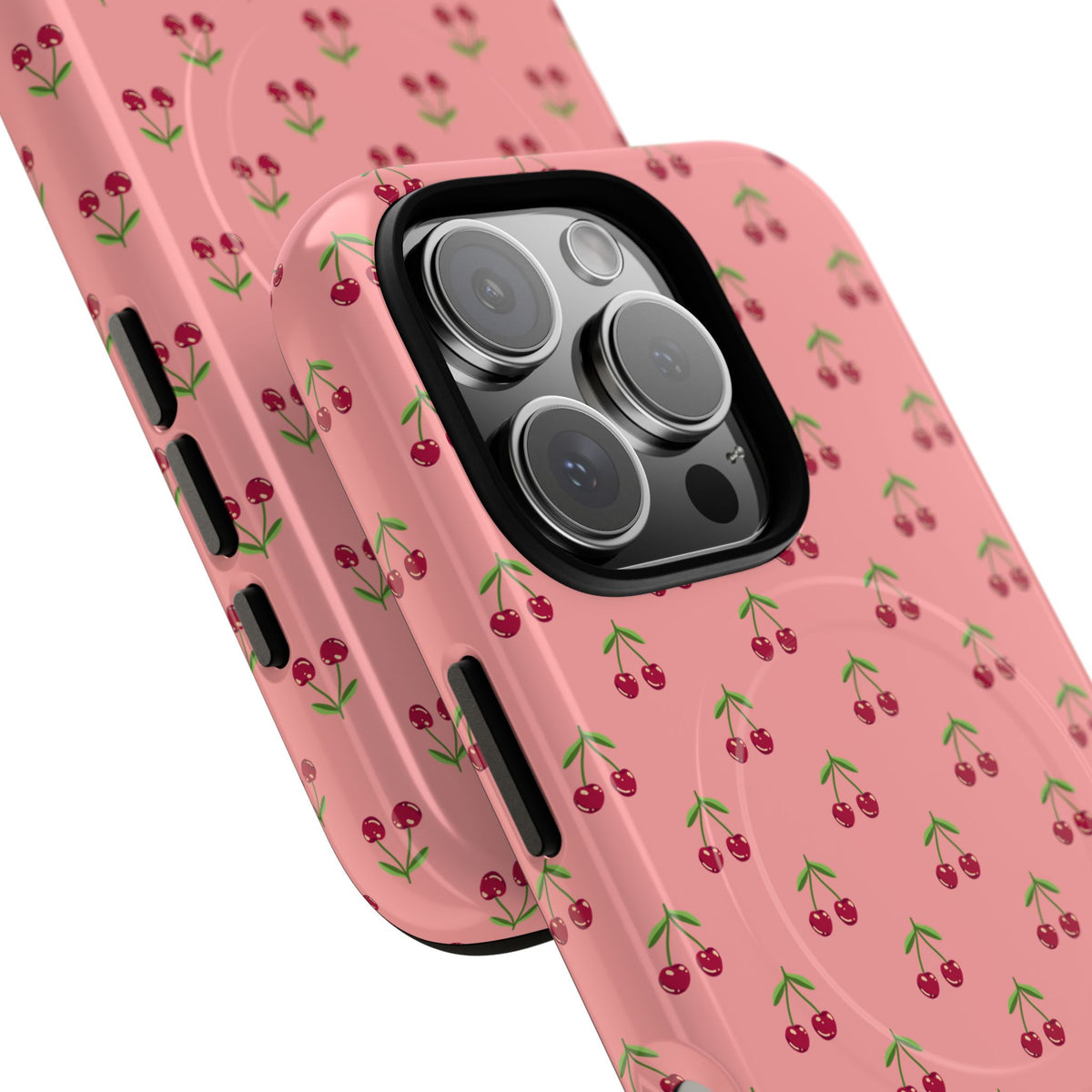 Cherry Pattern Tough Magnetic Phone Case — Pink Retro Fruit Design