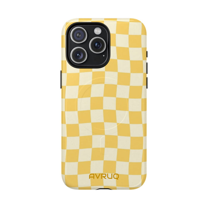 Yellow Checkerboard Magnetic Phone Case — Retro Wavy Plaid Design