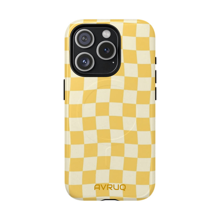 Yellow Checkerboard Magnetic Phone Case — Retro Wavy Plaid Design